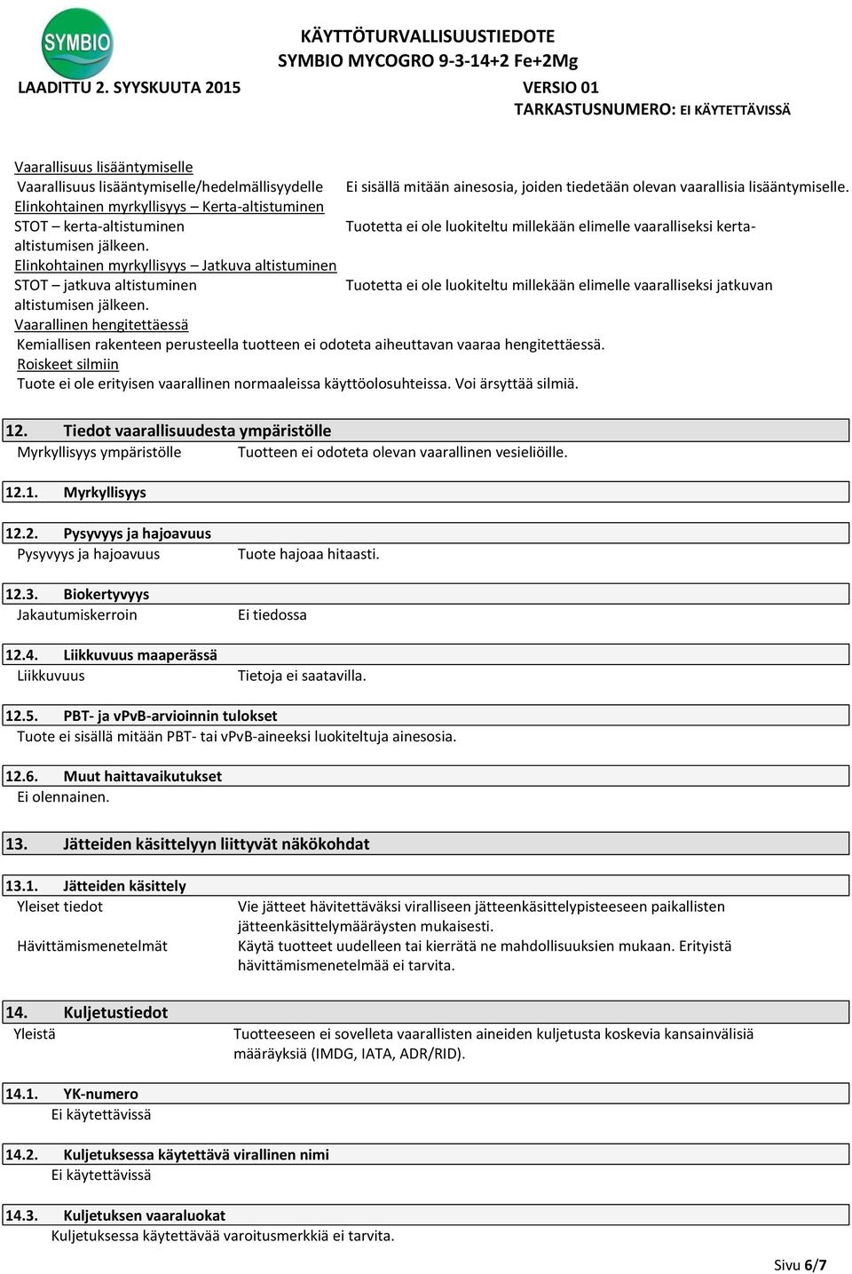 Elinkohtainen myrkyllisyys Jatkuva altistuminen STOT jatkuva altistuminen Tuotetta ei ole luokiteltu millekään elimelle vaaralliseksi jatkuvan altistumisen jälkeen.