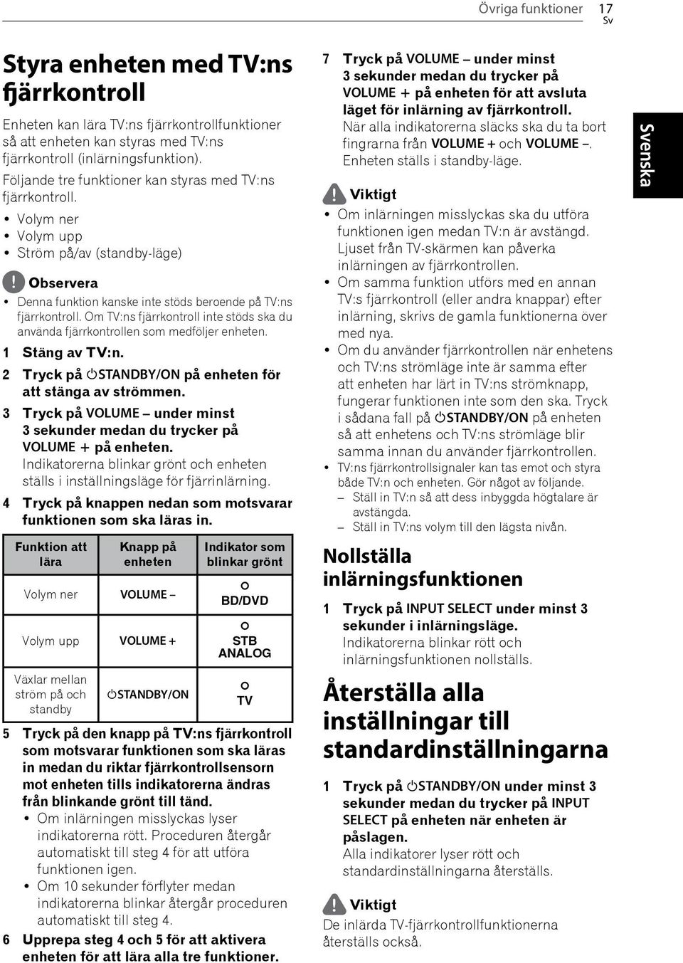 Om TV:ns fjärrkontroll inte stöds ska du använda fjärrkontrollen som medföljer enheten. 1 Stäng av TV:n. 2 Tryck på STANDBY/ON på enheten för att stänga av strömmen.