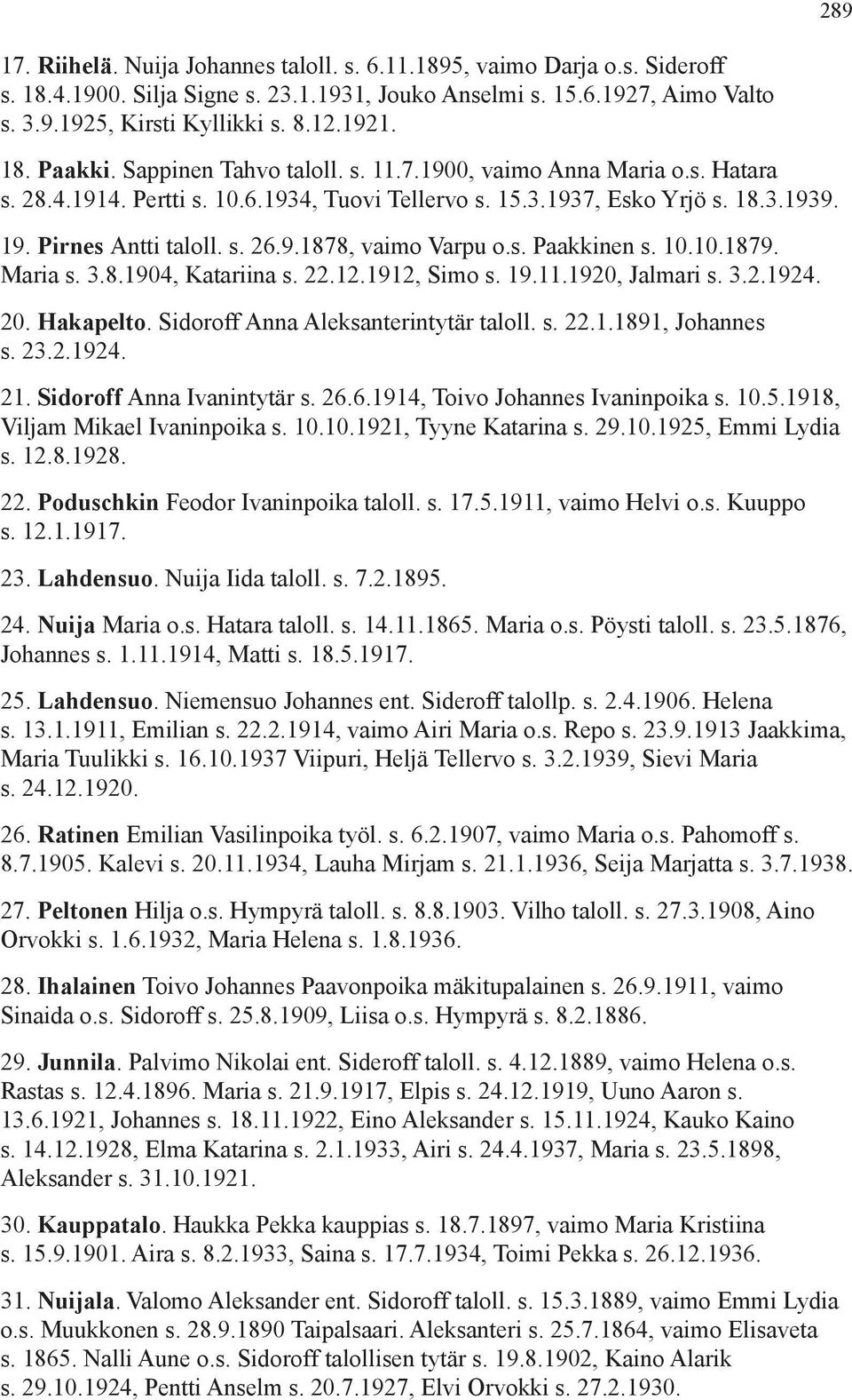 9.1878, vaimo Varpu o.s. Paakkinen s. 10.10.1879. Maria s. 3.8.1904, Katariina s. 22.12.1912, Simo s. 19.11.1920, Jalmari s. 3.2.1924. 20. Hakapelto. Sidoroff Anna Aleksanterintytär taloll. s. 22.1.1891, Johannes s.