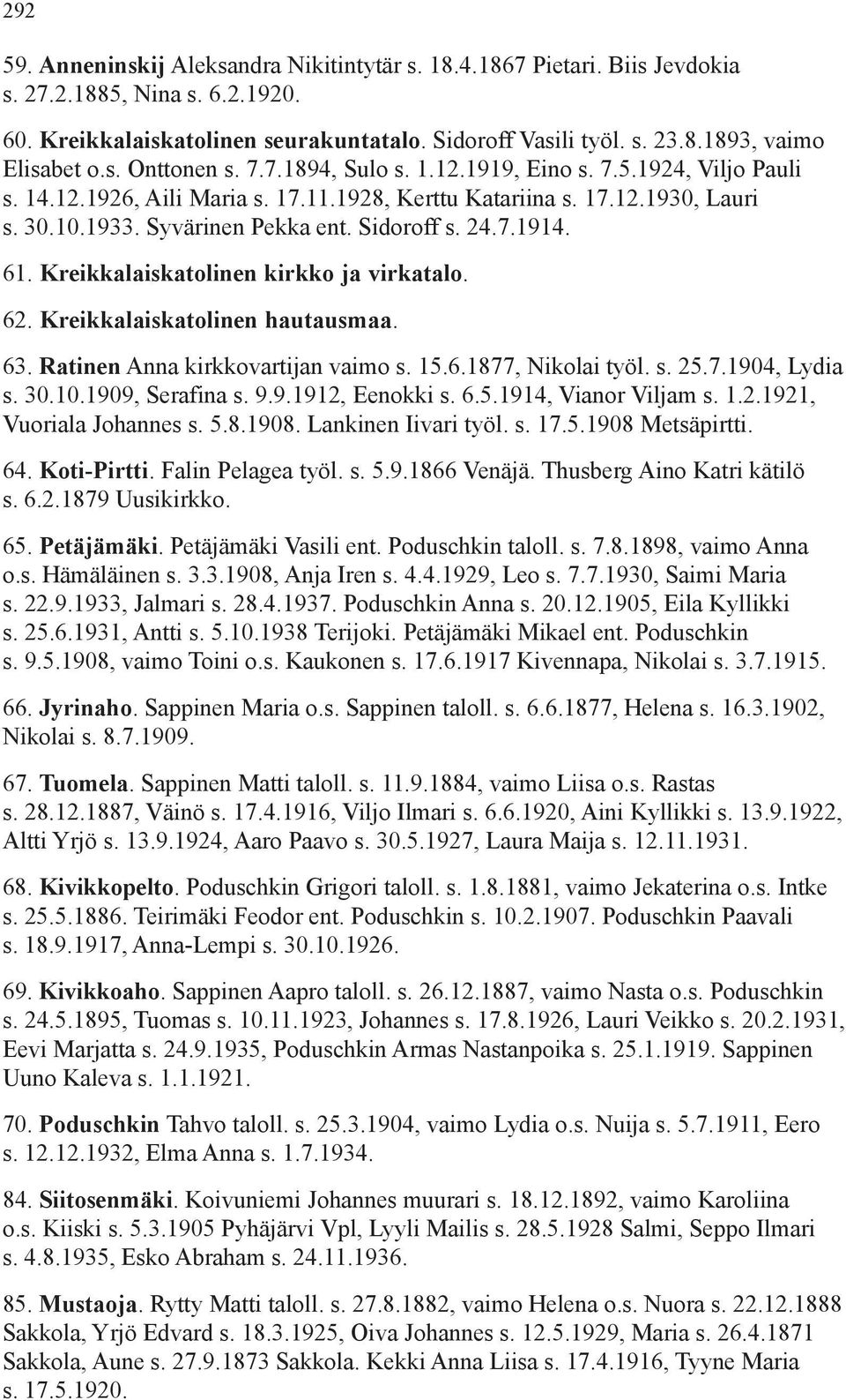 24.7.1914. 61. Kreikkalaiskatolinen kirkko ja virkatalo. 62. Kreikkalaiskatolinen hautausmaa. 63. Ratinen Anna kirkkovartijan vaimo s. 15.6.1877, Nikolai työl. s. 25.7.1904, Lydia s. 30.10.