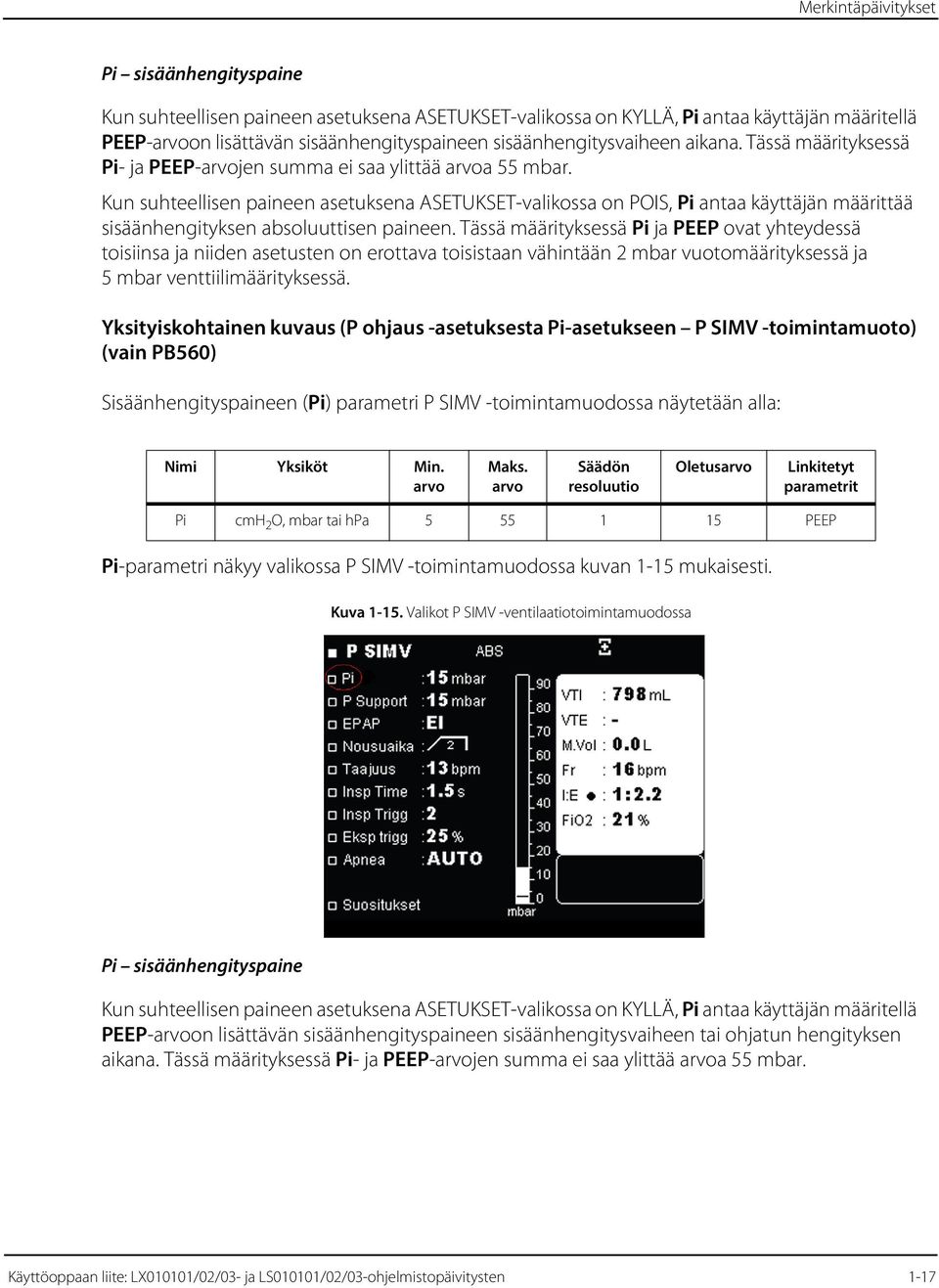 Kun suhteellisen paineen asetuksena ASETUKSET-valikossa on POIS, Pi antaa käyttäjän määrittää sisäänhengityksen absoluuttisen paineen.