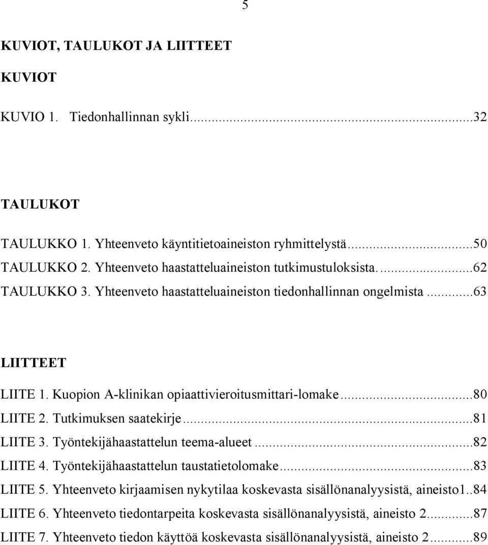 Kuopion A klinikan opiaattivieroitusmittari lomake...80 LIITE 2. Tutkimuksen saatekirje...81 LIITE 3. Työntekijähaastattelun teema alueet...82 LIITE 4.