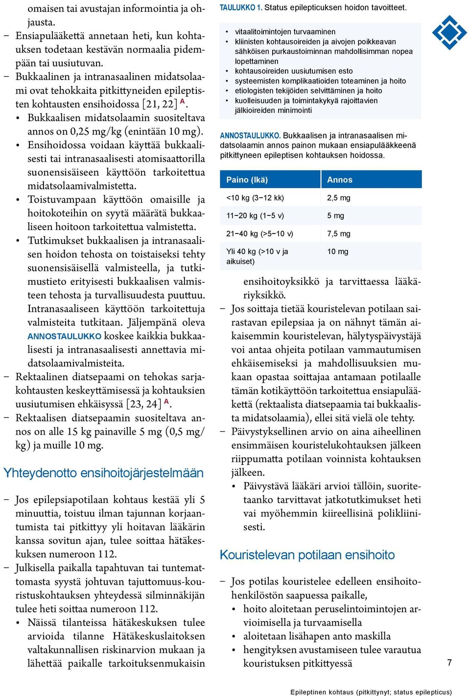 Ensihoidossa voidaan käyttää bukkaalisesti tai intranasaalisesti atomisaattorilla suonensisäiseen käyttöön tarkoitettua midatsolaamivalmistetta.