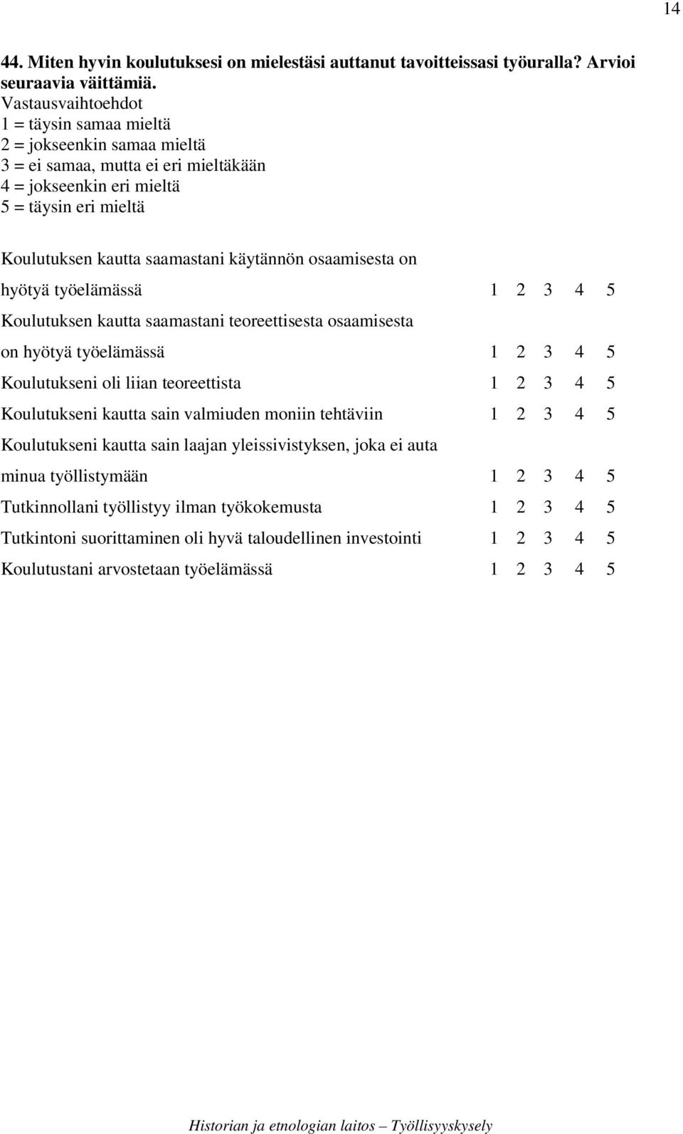 osaamisesta on hyötyä työelämässä 1 2 3 4 5 Koulutuksen kautta saamastani teoreettisesta osaamisesta on hyötyä työelämässä 1 2 3 4 5 Koulutukseni oli liian teoreettista 1 2 3 4 5 Koulutukseni kautta