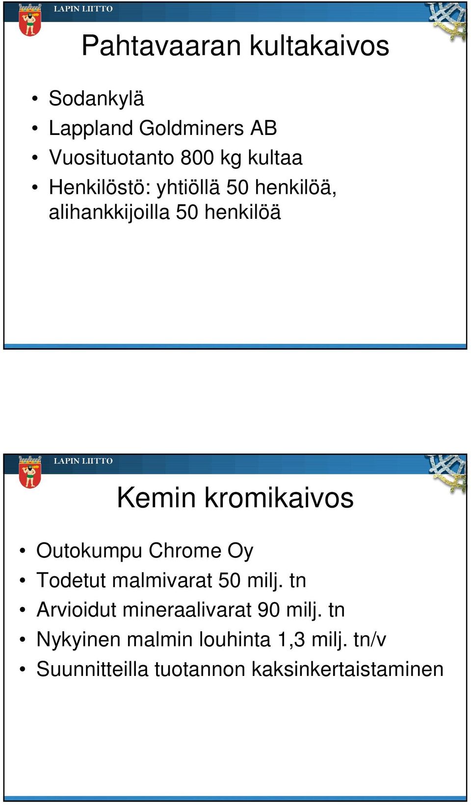 Outokumpu Chrome Oy Todetut malmivarat 50 milj. tn Arvioidut mineraalivarat 90 milj.