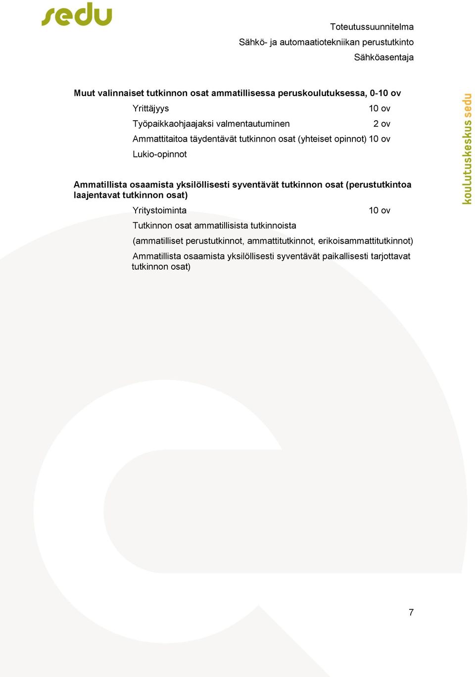 tutkinnon osat (perustutkintoa laajentavat tutkinnon osat) Yritystoiminta Tutkinnon osat ammatillisista tutkinnoista 10 ov (ammatilliset