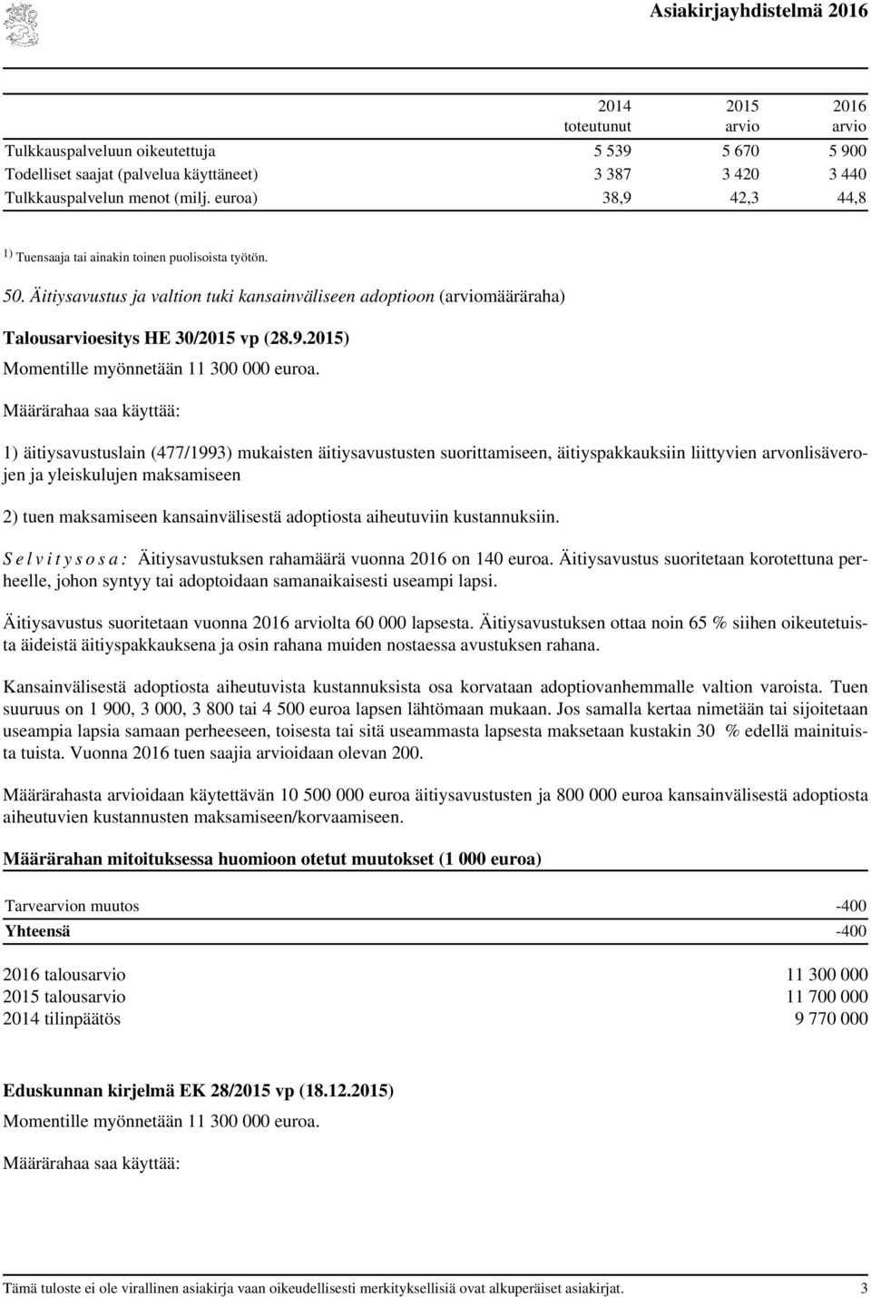 Määrärahaa saa käyttää: 1) äitiysavustuslain (477/1993) mukaisten äitiysavustusten suorittamiseen, äitiyspakkauksiin liittyvien arvonlisäverojen ja yleiskulujen maksamiseen 2) tuen maksamiseen