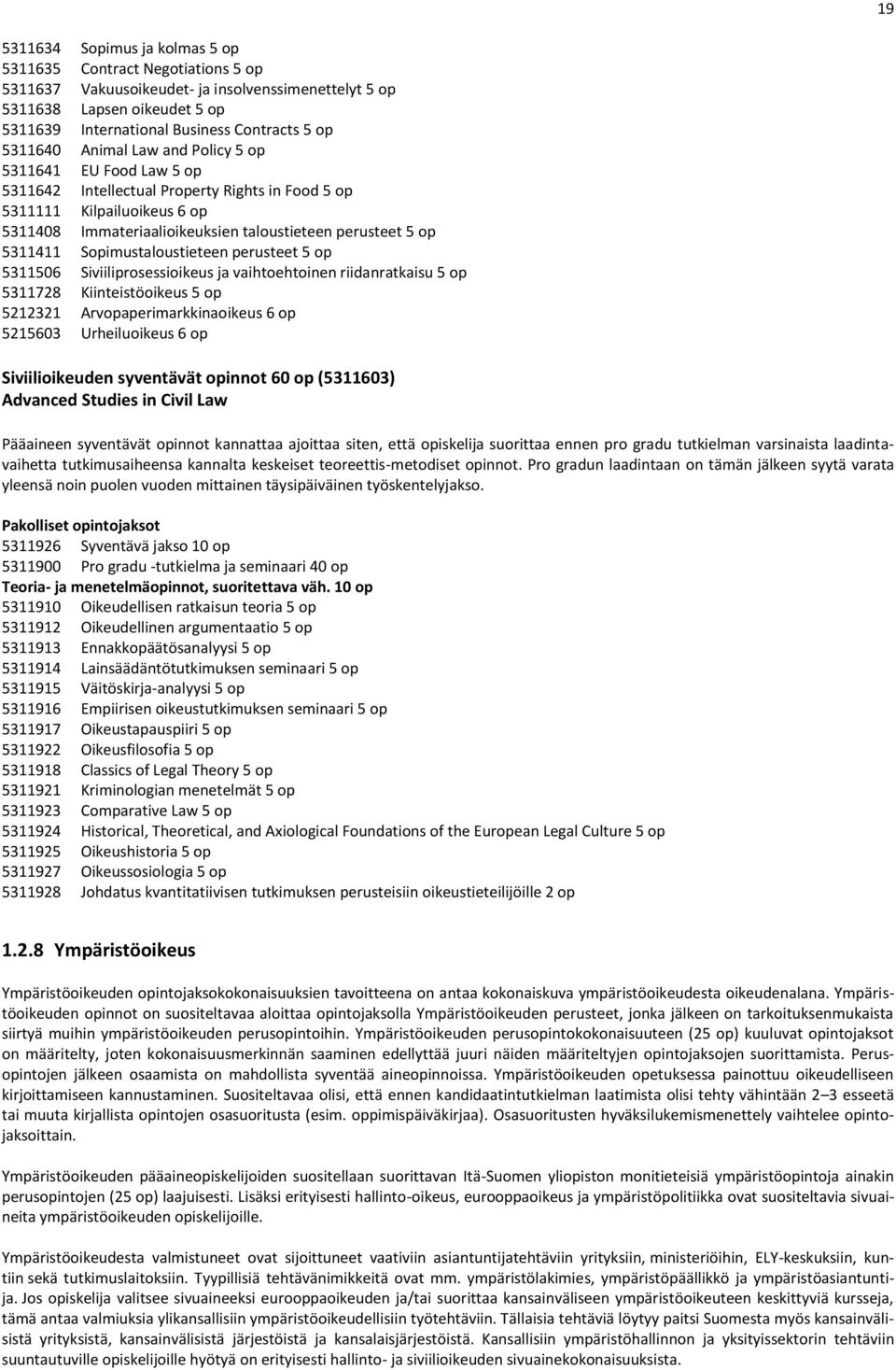 5311411 Sopimustaloustieteen perusteet 5 op 5311506 Siviiliprosessioikeus ja vaihtoehtoinen riidanratkaisu 5 op 5311728 Kiinteistöoikeus 5 op 5212321 Arvopaperimarkkinaoikeus 6 op 5215603