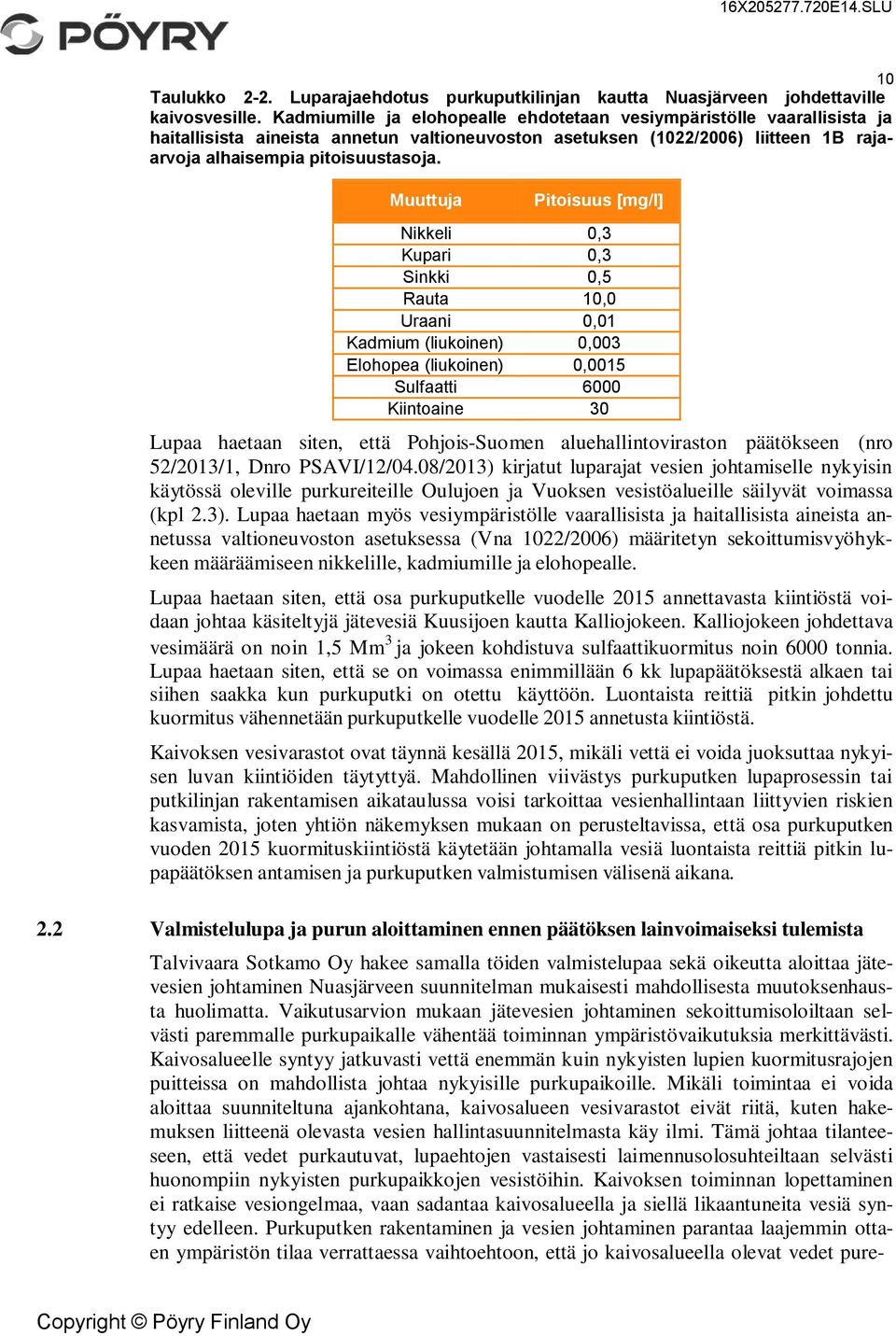 Muuttuja Pitoisuus [mg/l] Nikkeli 0,3 Kupari 0,3 Sinkki 0,5 Rauta 10,0 Uraani 0,01 Kadmium (liukoinen) 0,003 Elohopea (liukoinen) 0,0015 Sulfaatti 6000 Kiintoaine 30 Lupaa haetaan siten, että