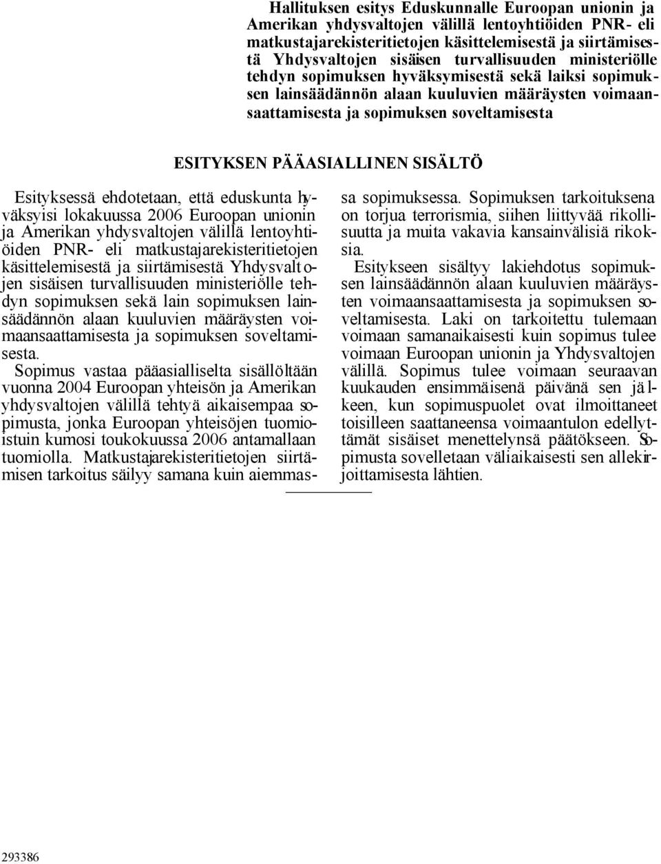SISÄLTÖ Esityksessä ehdotetaan, että eduskunta hyväksyisi lokakuussa 2006 Euroopan unionin ja Amerikan yhdysvaltojen välillä lentoyhtiöiden PNR- eli matkustajarekisteritietojen käsittelemisestä ja