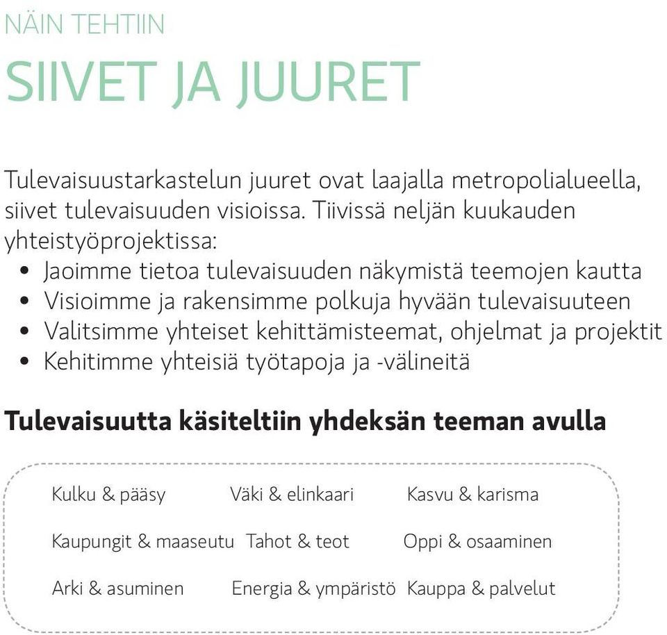 tulevaisuuteen Valitsimme yhteiset kehittämisteemat, ohjelmat ja projektit Kehitimme yhteisiä työtapoja ja -välineitä Tulevaisuutta käsiteltiin