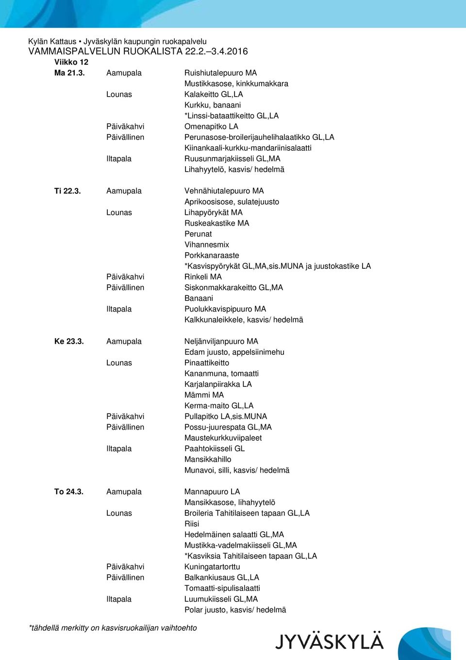 Kiinankaali-kurkku-mandariinisalaatti Ruusunmarjakiisseli GL,MA Lihahyytelö, kasvis/ hedelmä Ti 22.3.