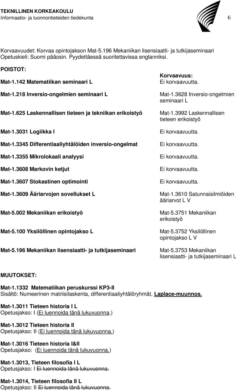 3355 Mikrolokaali analyysi Mat-1.3608 Markovin ketjut Mat-1.3607 Stokastinen optimointi Mat-1.3609 Ääriarvojen sovellukset L Mat-5.002 Mekaniikan erikoistyö Mat-5.100 Yksilöllinen opintojakso L Mat-5.