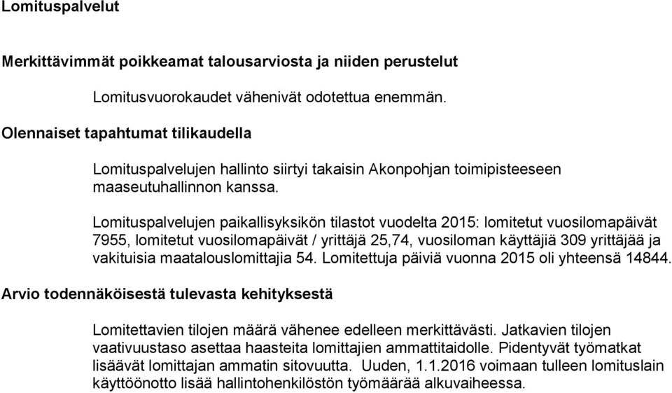 vakituisia maatalouslomittajia 54. Lomitettuja päiviä vuonna 2015 oli yhteensä 14844. Lomitettavien tilojen määrä vähenee edelleen merkittävästi.