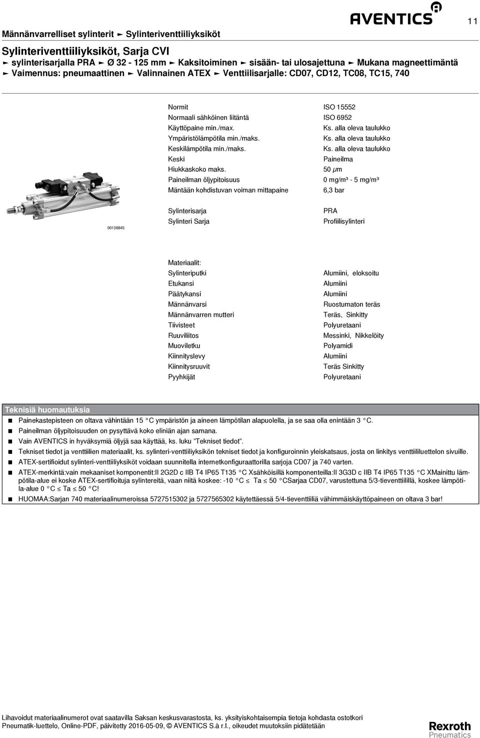 50 µm Paineilman öljypitoisuus 0 mg/m³ - 5 mg/m³ Mäntään kohdistuvan voiman mittapaine 6,3 bar 00138845 Sylinterisarja Sylinteri Sarja PRA Profiilisylinteri Materiaalit: Sylinteriputki Etukansi