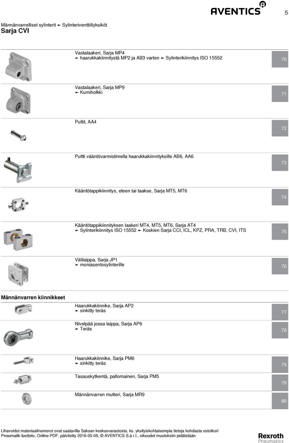 Sylinterikiinnitys ISO 15552 Koskien Sarja CCI, ICL, KPZ, PRA, TRB, CVI, ITS 75 Välilaippa, Sarja JP1 moniasentosylinterille 76 Männänvarren kiinnikkeet Haarukkakiinnike,