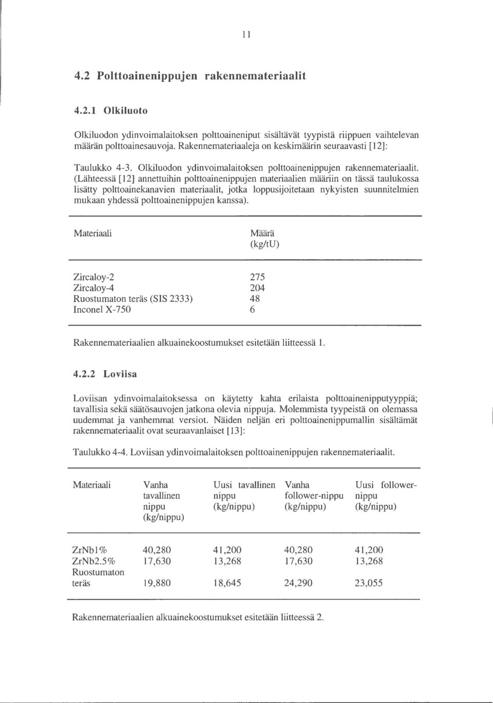 Olkiluodon ydinvoimalaitoksen polttoainenippujen rakennemateriaalit (Lähteessä [12] annettuihin polttoainenippujen materiaalien määriin on tässä taulukossa lisätty polttoainekanavien materiaalit,