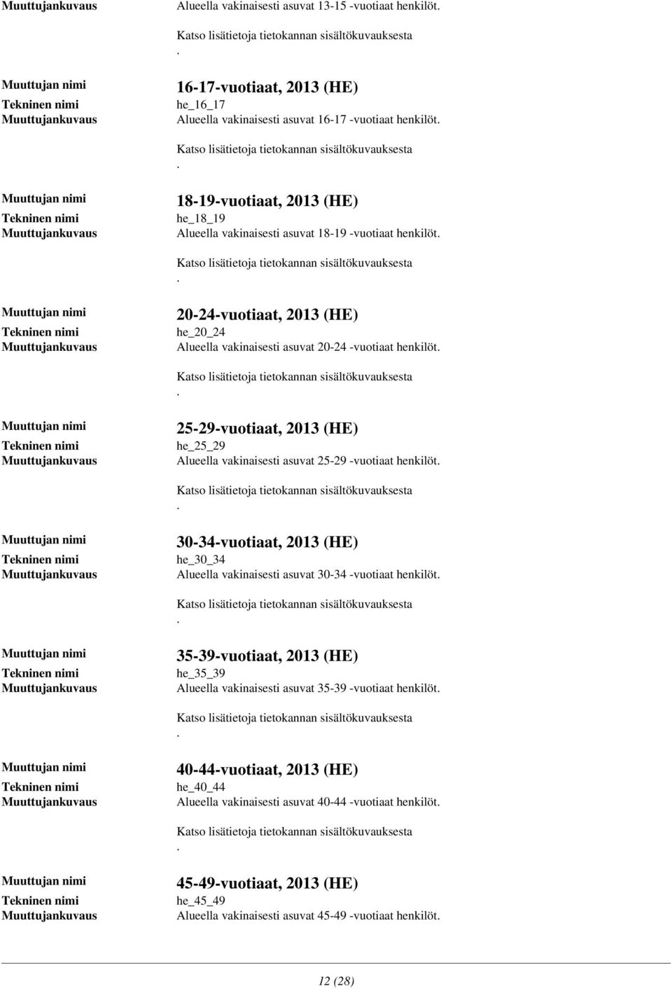 asuvat 25-29 -vuotiaat henkilöt 30-34-vuotiaat, 2013 (HE) he_30_34 Alueella vakinaisesti asuvat 30-34 -vuotiaat henkilöt 35-39-vuotiaat, 2013 (HE) he_35_39 Alueella vakinaisesti asuvat 35-39