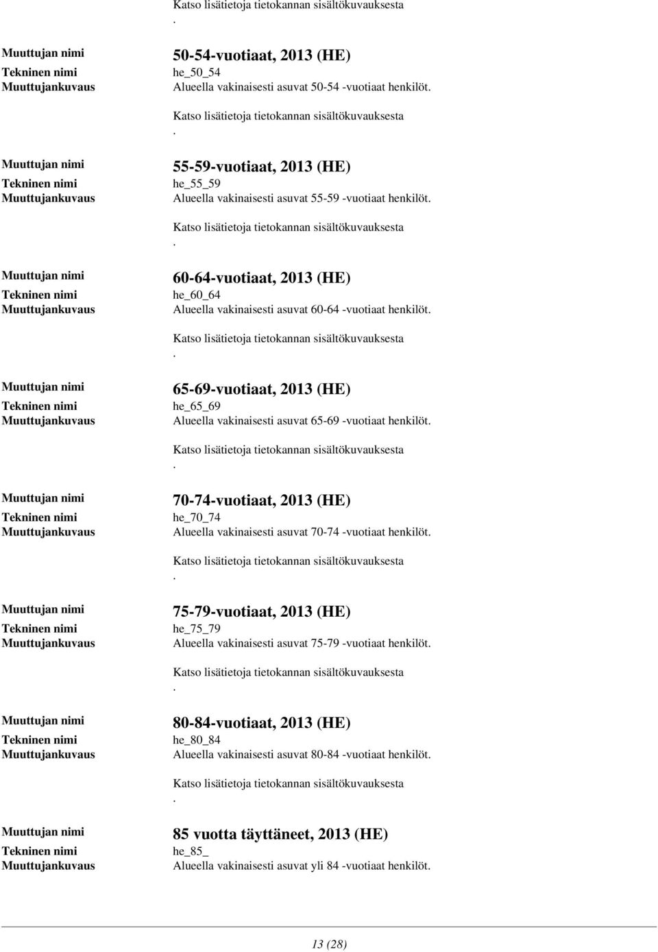 70-74-vuotiaat, 2013 (HE) he_70_74 Alueella vakinaisesti asuvat 70-74 -vuotiaat henkilöt 75-79-vuotiaat, 2013 (HE) he_75_79 Alueella vakinaisesti asuvat 75-79 -vuotiaat henkilöt