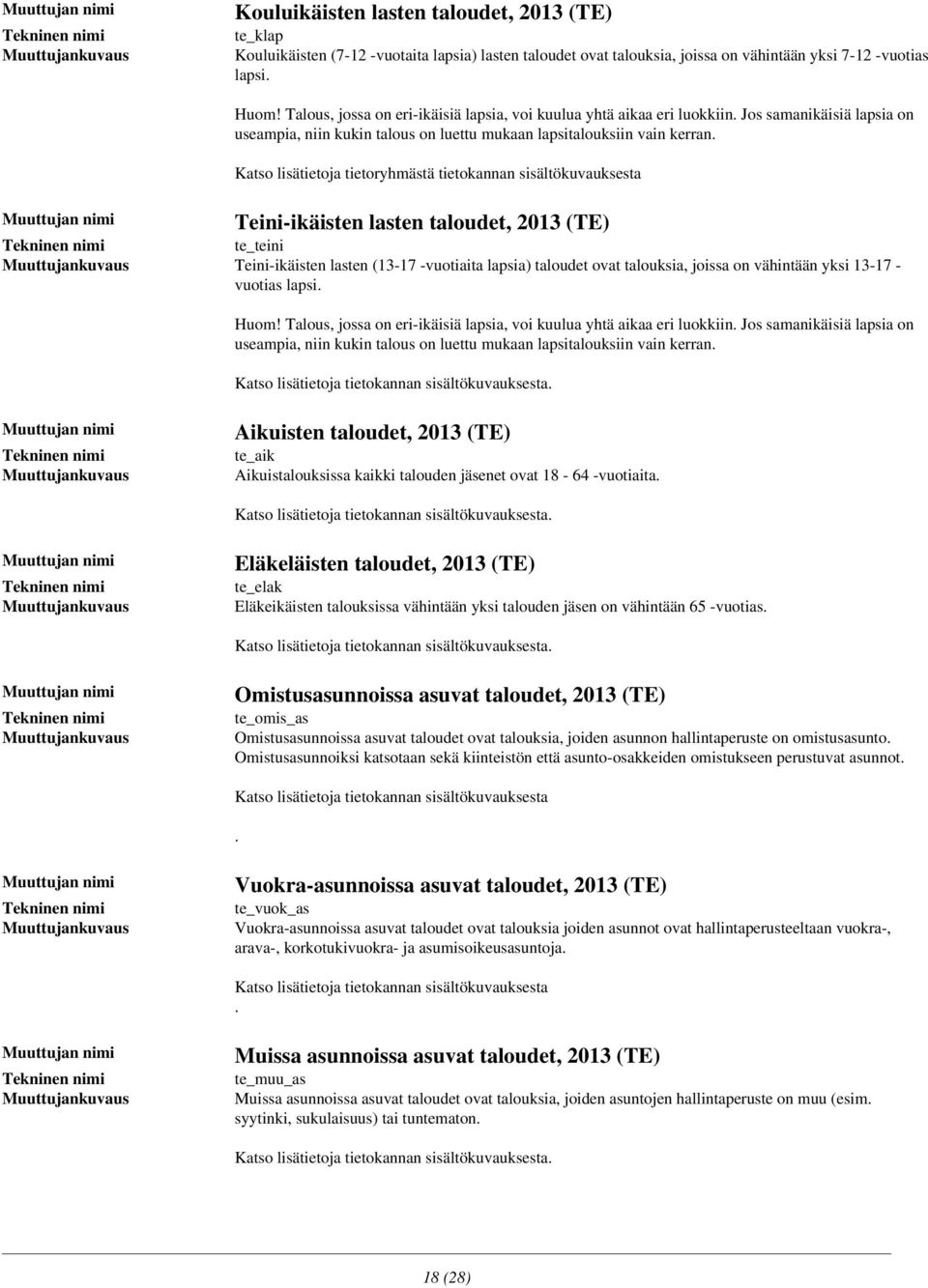 tietoryhmästä tietokannan sisältökuvauksesta Teini-ikäisten lasten taloudet, 2013 (TE) te_teini Teini-ikäisten lasten (13-17 -vuotiaita lapsia) taloudet ovat talouksia, joissa on vähintään yksi 13-17