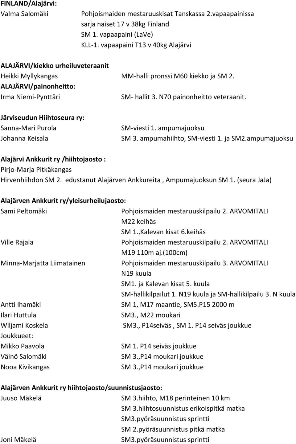 N70 painonheitto veteraanit. Järviseudun Hiihtoseura ry: Sanna-Mari Purola Johanna Keisala SM-viesti 1. ampumajuoksu SM 3. ampumahiihto, SM-viesti 1. ja SM2.