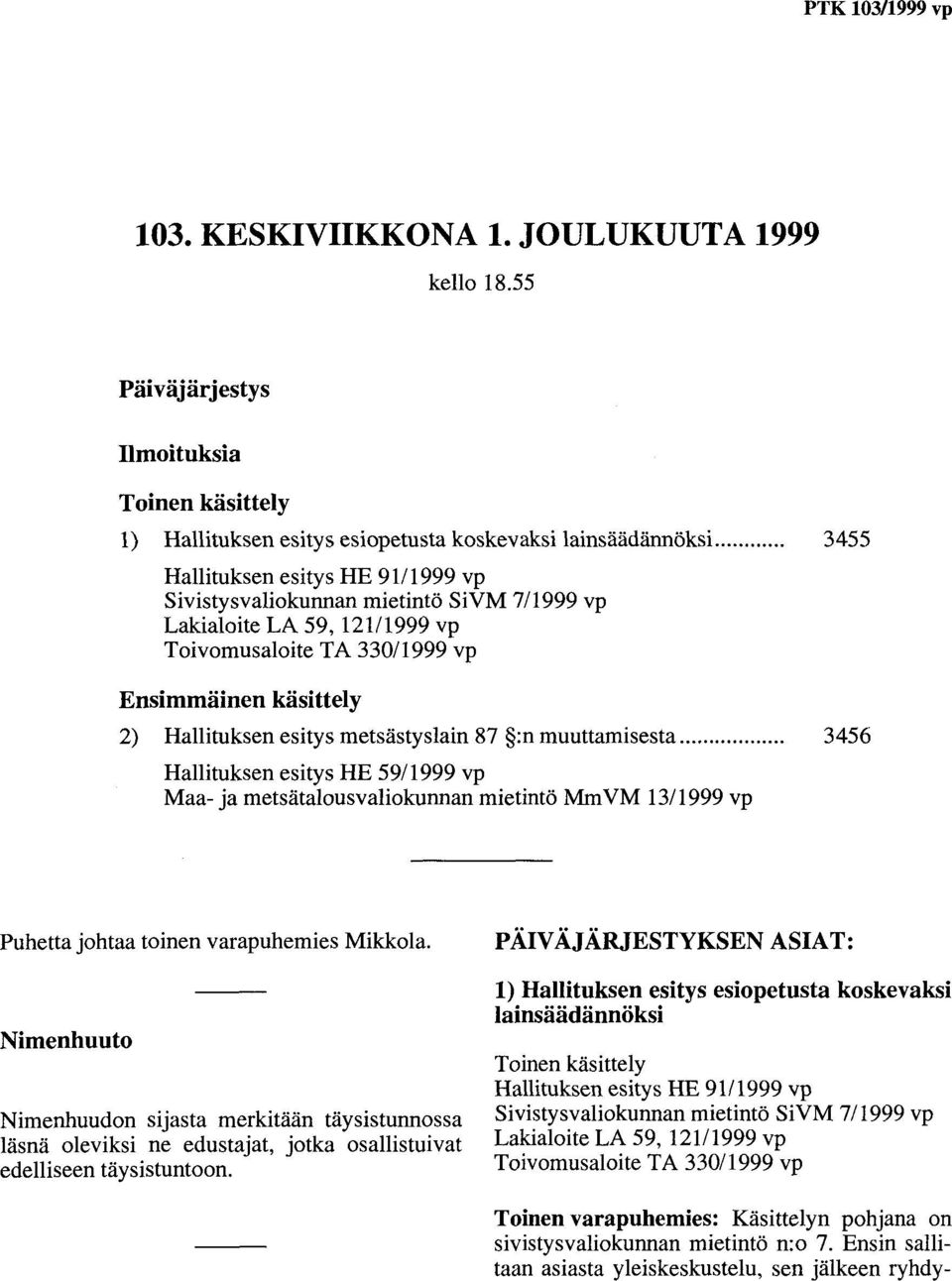 metsästyslain 87 :n muuttamisesta... 3456 Hallituksen esitys HE 59/1999 vp Maa- ja metsätalousvaliokunnan mietintö Mm VM 1311999 vp Puhetta johtaa toinen varapuhemies Mikkola.