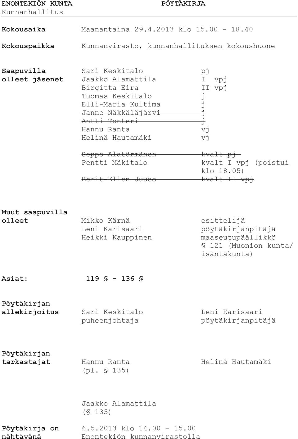 Näkkäläjärvi j Antti Tonteri j Hannu Ranta vj Helinä Hautamäki vj Seppo Alatörmänen Pentti Mäkitalo Berit-Ellen Juuso kvalt pj kvalt I vpj (poistui klo 18.