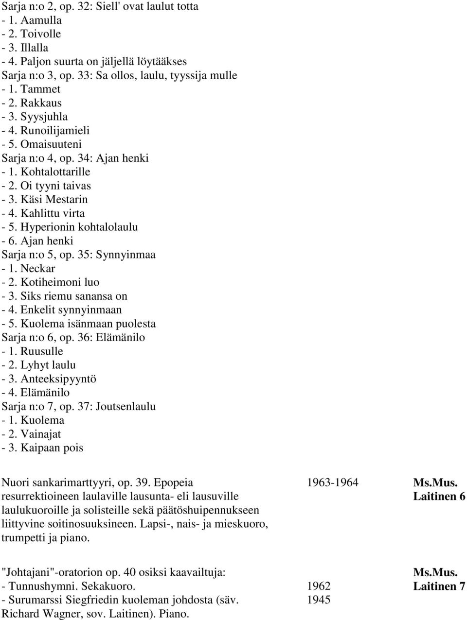 Hyperionin kohtalolaulu - 6. Ajan henki Sarja n:o 5, op. 35: Synnyinmaa - 1. Neckar - 2. Kotiheimoni luo - 3. Siks riemu sanansa on - 4. Enkelit synnyinmaan - 5.