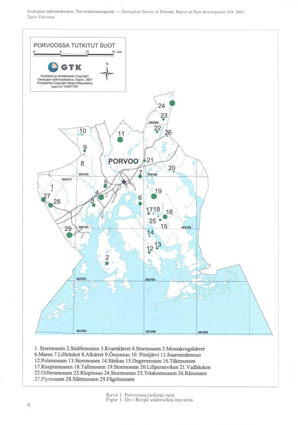 Lillträsket 8 Alkärret 9Ossynsuo 10 Pimijärvi 11 Saarenmäensuo 12 Polsmossen 13 Stormossen 14 Sänkan 15Degermossen 16 Täktmossen 17 Knepismossen 18 Tallmossen 19 Stormossen 20