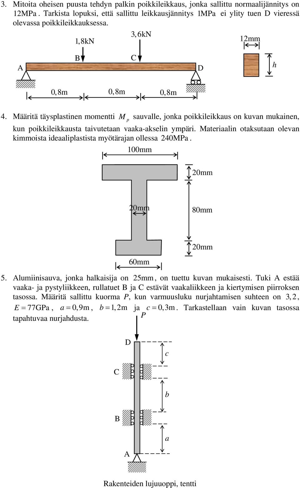 Materiaali otaksutaa oleva kimmoista ideaaliplastista mötäraja ollessa 40Ma. 00mm 0mm 0mm 80mm 0mm 60mm 5. lumiiisauva, joka halkaisija o 5mm, o tuettu kuva mukaisesti.