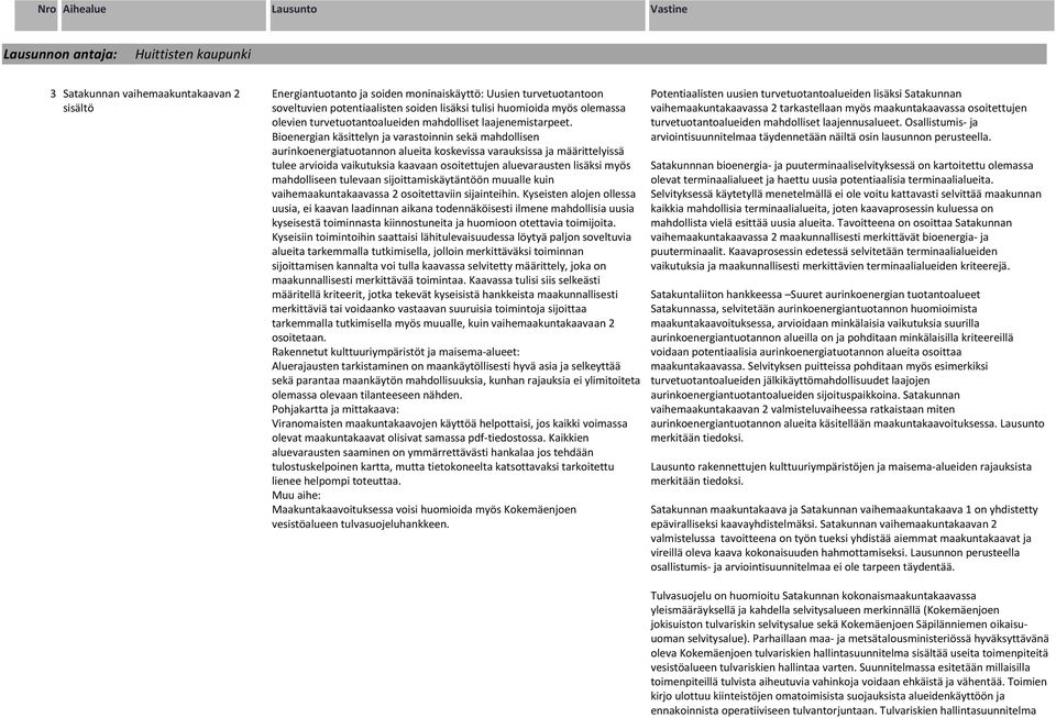 Bioenergian käsittelyn ja varastoinnin sekä mahdollisen aurinkoenergiatuotannon alueita koskevissa varauksissa ja määrittelyissä tulee arvioida vaikutuksia kaavaan osoitettujen aluevarausten lisäksi