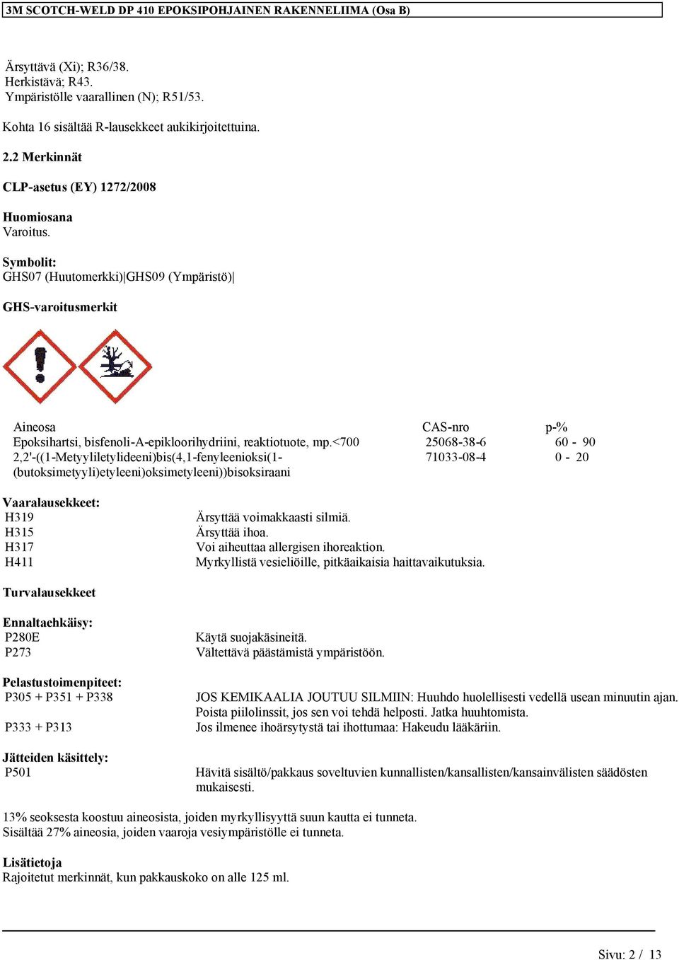 Symbolit: GHS07 (Huutomerkki) GHS09 (Ympäristö) GHS-varoitusmerkit Aineosa CAS-nro p-% Epoksihartsi, bisfenoli-a-epikloorihydriini, 25068-38-6 60-90