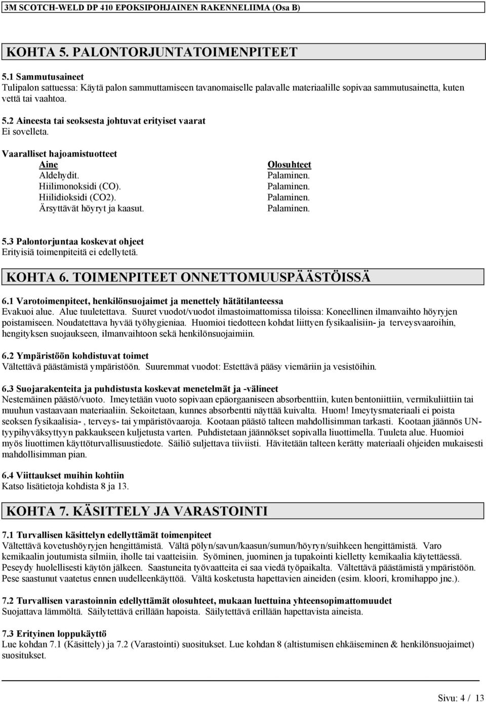 2 Aineesta tai seoksesta johtuvat erityiset vaarat Vaaralliset hajoamistuotteet Aine Aldehydit. Hiilimonoksidi (CO). Hiilidioksidi (CO2). Ärsyttävät höyryt ja kaasut. Olosuhteet Palaminen. Palaminen. Palaminen. Palaminen. 5.