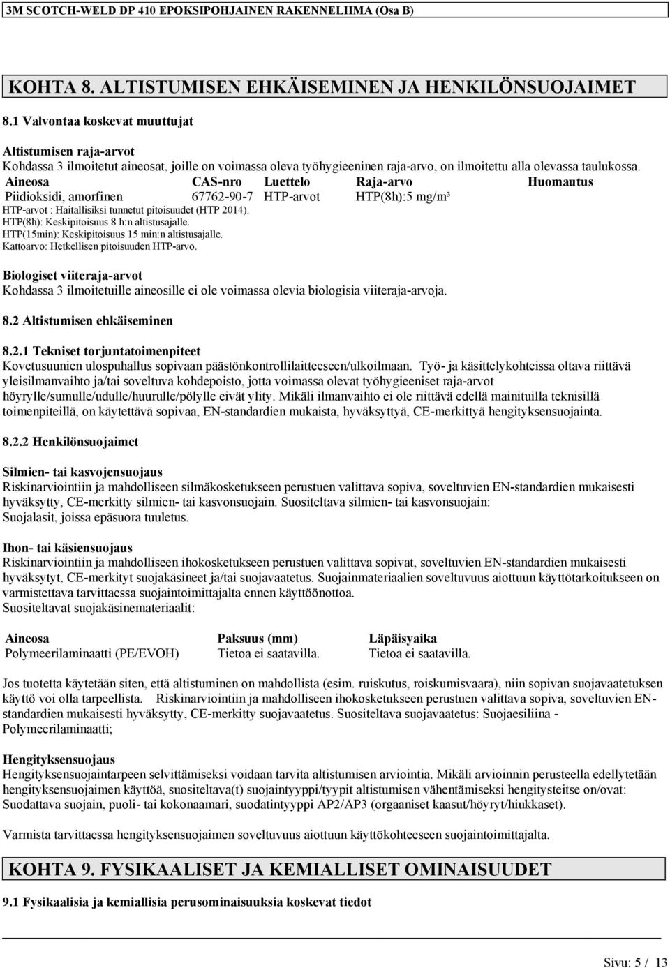 Aineosa CAS-nro Luettelo Raja-arvo Huomautus Piidioksidi, amorfinen 67762-90-7 HTP-arvot HTP(8h):5 mg/m³ HTP-arvot : Haitallisiksi tunnetut pitoisuudet (HTP 2014).