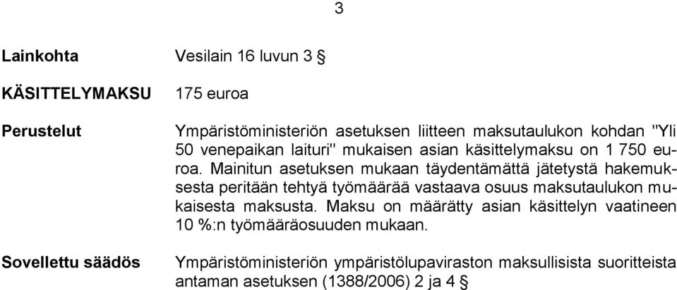 Mainitun asetuksen mukaan täydentämättä jätetystä hakemuksesta peritään tehtyä työmäärää vastaava osuus maksutaulukon mukaisesta