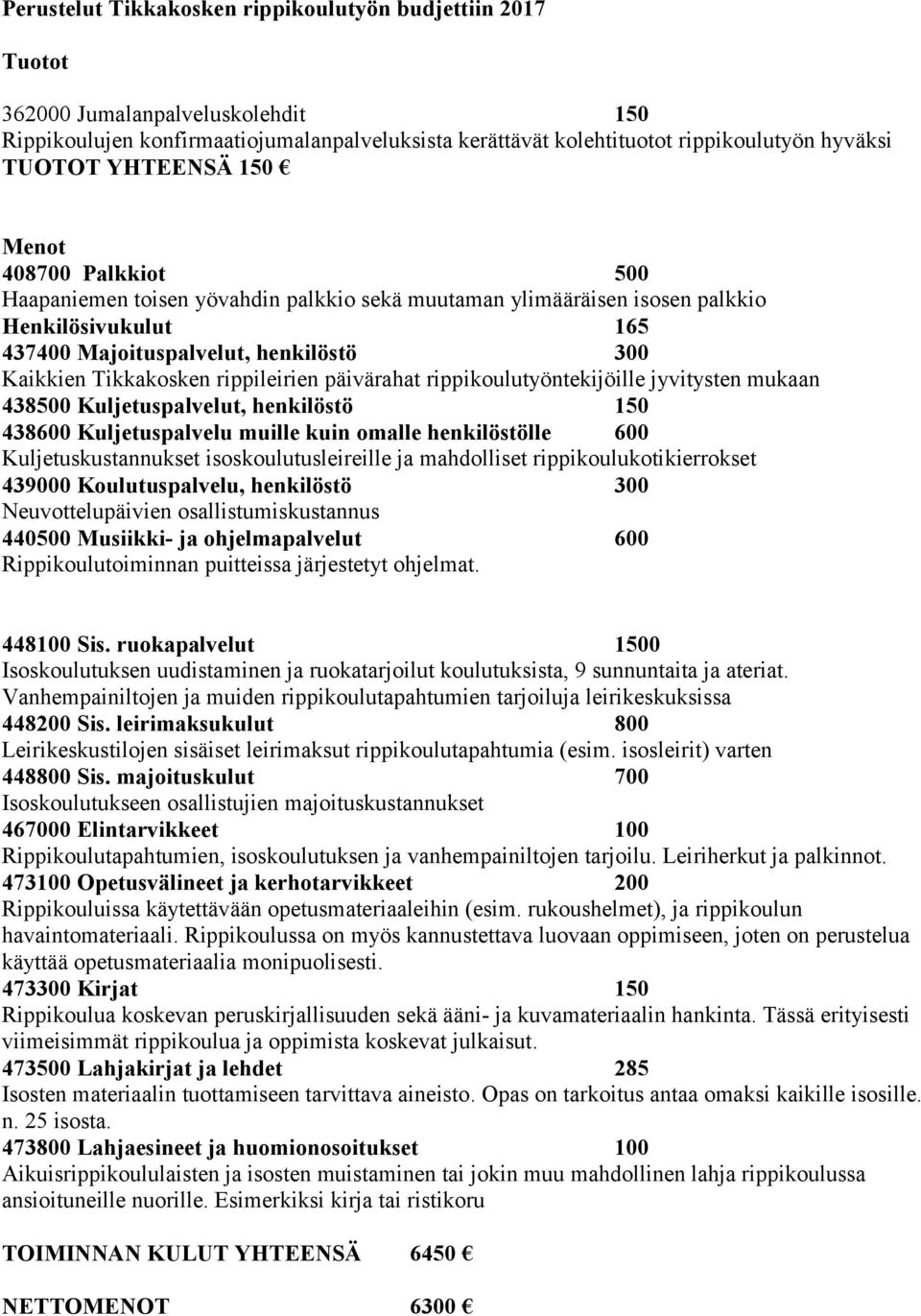 rippileirien päivärahat rippikoulutyöntekijöille jyvitysten mukaan 438500 Kuljetuspalvelut, henkilöstö 150 438600 Kuljetuspalvelu muille kuin omalle henkilöstölle 600 Kuljetuskustannukset