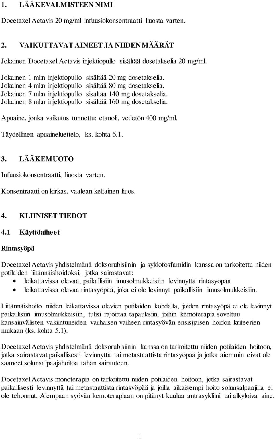 Jokainen 8 ml:n injektiopullo sisältää 160 mg dosetakselia. Apuaine, jonka vaikutus tunnettu: etanoli, vedetön 400 mg/ml. Täydellinen apuaineluettelo, ks. kohta 6.1. 3.