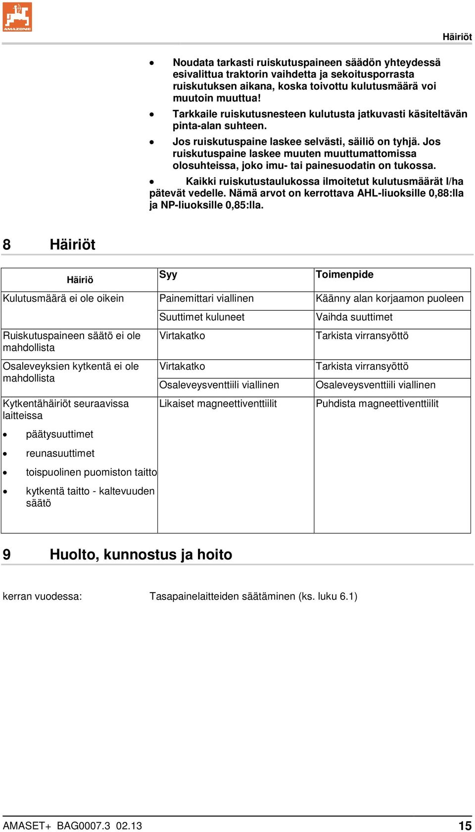 Jos ruiskutuspaine laskee muuten muuttumattomissa olosuhteissa, joko imu- tai painesuodatin on tukossa. Kaikki ruiskutustaulukossa ilmoitetut kulutusmäärät l/ha pätevät vedelle.