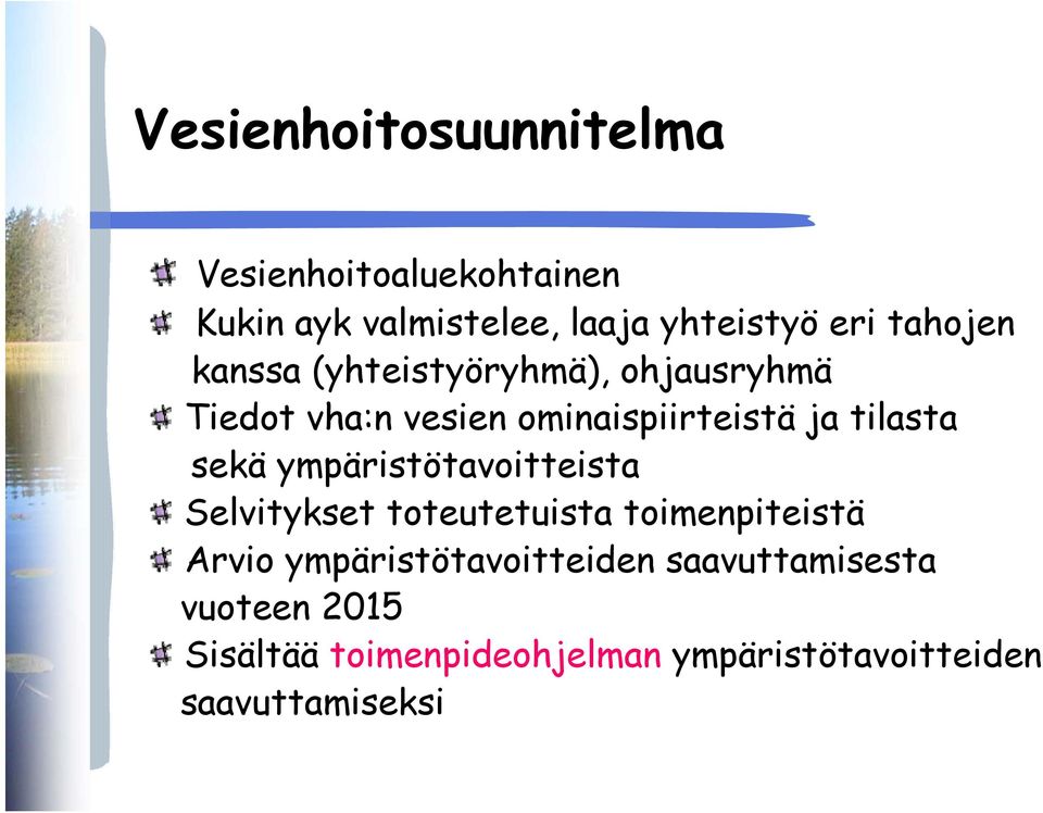 sekä ympäristötavoitteista Selvitykset toteutetuista toimenpiteistä Arvio