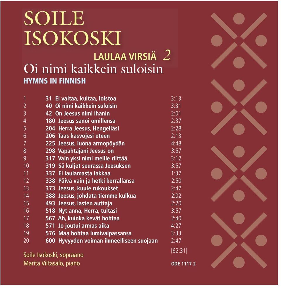 kuljet seurassa Jeesuksen 3:57 11 337 Ei laulamasta lakkaa 1:37 1 338 Päivä vain ja hetki kerrallansa :50 13 373 Jeesus, kuule rukoukset :47 14 388 Jeesus, johdata tiemme kulkua :0 15 493 Jeesus,