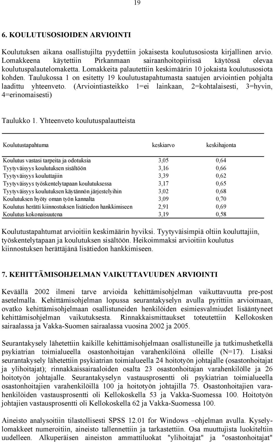 Taulukossa 1 on esitetty 19 koulutustapahtumasta saatujen arviointien pohjalta laadittu yhteenveto. (Arviointiasteikko 1=ei lainkaan, 2=kohtalaisesti, 3=hyvin, 4=erinomaisesti) Taulukko 1.
