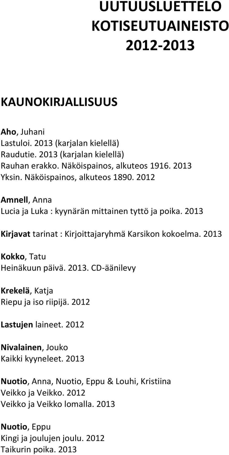 2013 Kirjavat tarinat : Kirjoittajaryhmä Karsikon kokoelma. 2013 Kokko, Tatu Heinäkuun päivä. 2013. CD-äänilevy Krekelä, Katja Riepu ja iso riipijä.