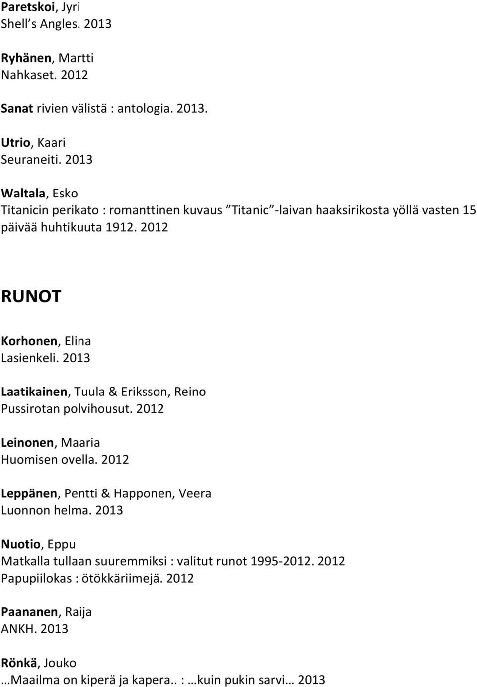 2013 Laatikainen, Tuula & Eriksson, Reino Pussirotan polvihousut. 2012 Leinonen, Maaria Huomisen ovella. 2012 Leppänen, Pentti & Happonen, Veera Luonnon helma.