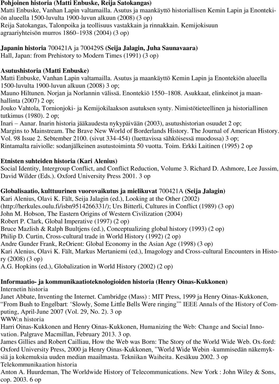 Kemijokisuun agraariyhteisön murros 1860 1938 (2004) (3 op) Japanin historia 700421A ja 700429S (Seija Jalagin, Juha Saunavaara) Hall, Japan: from Prehistory to Modern Times (1991) (3 op)