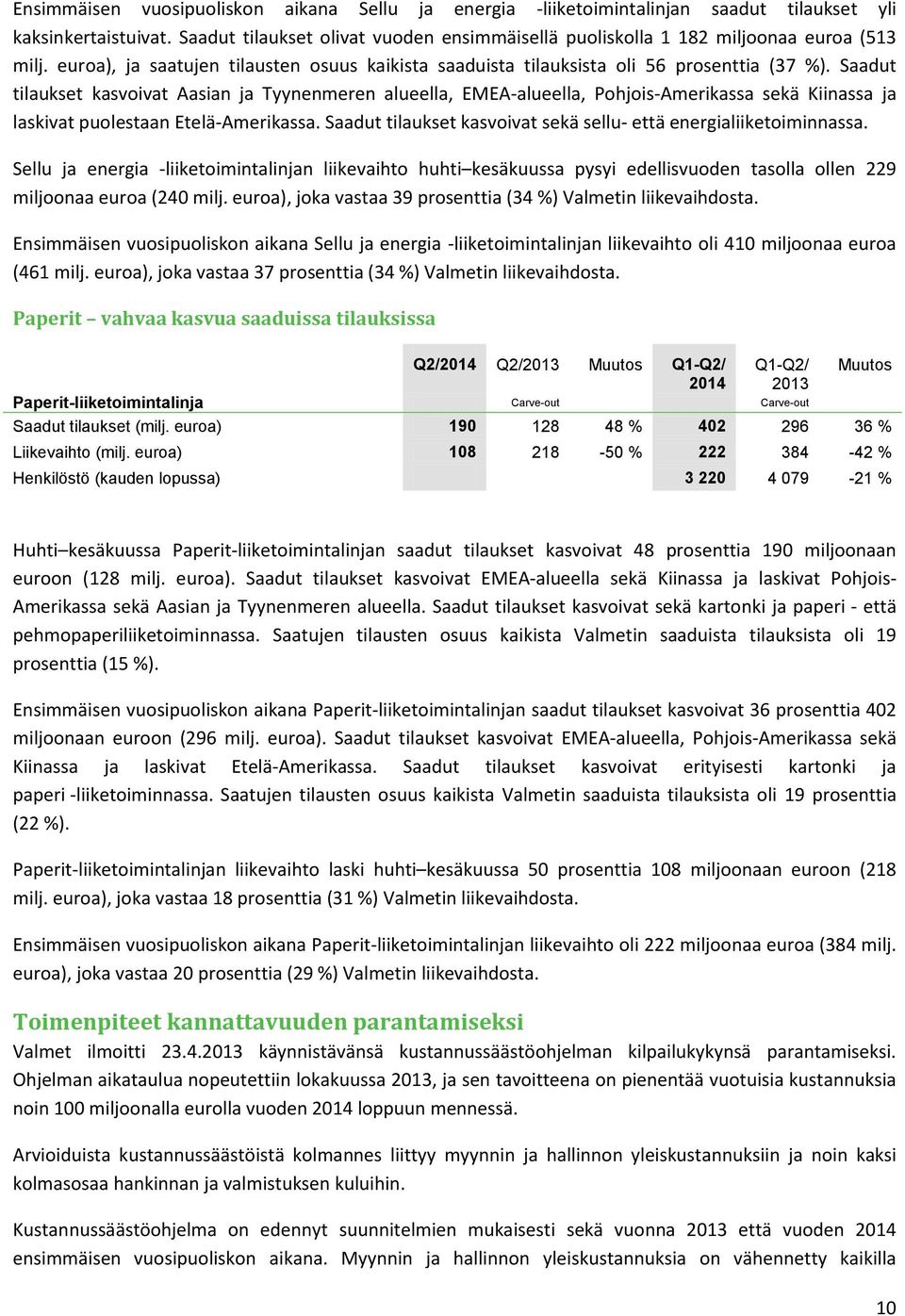 Saadut tilaukset kasvoivat Aasian ja Tyynenmeren alueella, EMEA-alueella, Pohjois-Amerikassa sekä Kiinassa ja laskivat puolestaan Etelä-Amerikassa.