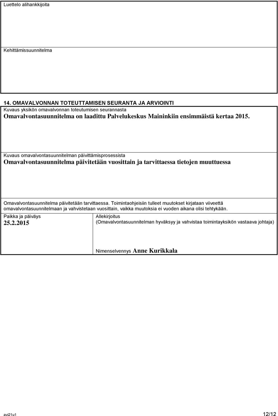 Kuvaus omavalvontasuunnitelman päivittämisprosessista Omavalvontasuunnitelma päivitetään vuosittain ja tarvittaessa tietojen muuttuessa Omavalvontasuunnitelma päivitetään tarvittaessa.