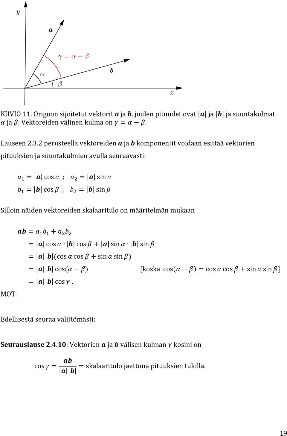 2 perusteella vektoreiden a ja b komponentit voidaan esittää vektorien pituuksien ja suuntakulmien