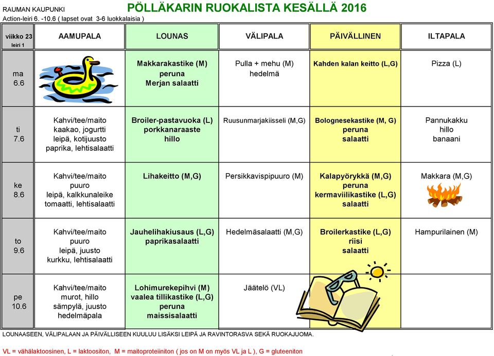 6 Merjan salaatti Kahvi/tee/maito Broiler-pastavuoka (L) Ruusunmarjakiisseli (M,G) Bolognesekastike (M, G) Pannukakku ti kaakao, jogurtti porkkanaraaste peruna hillo 7.