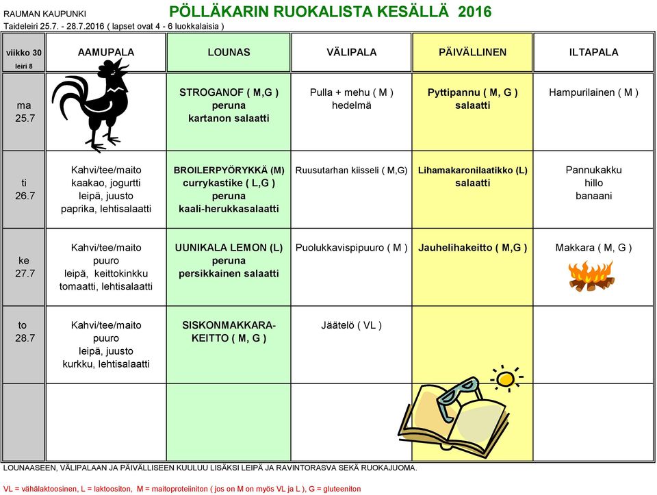 2016 ( lapset ovat 4-6 luokkalaisia ) viikko 30 AAMUPALA LOUNAS VÄLIPALA PÄIVÄLLINEN ILTAPALA leiri 8 STROGANOF ( M,G ) Pulla + mehu ( M ) Pyttipannu ( M, G ) Hampurilainen ( M )