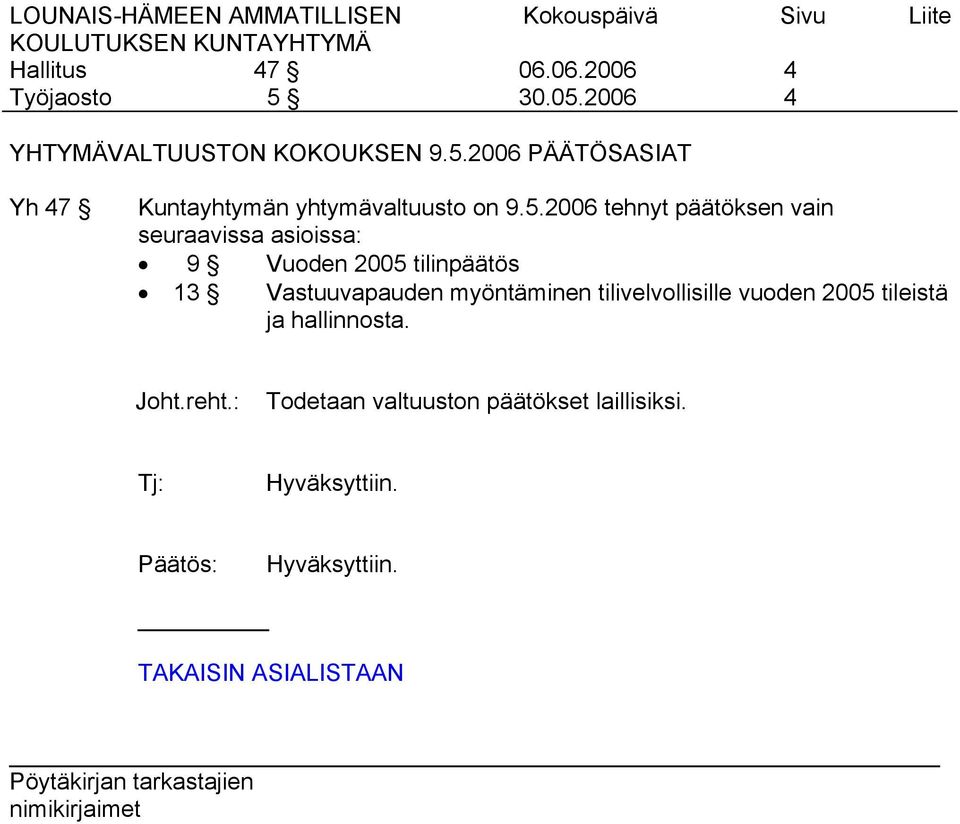 Vastuuvapauden myöntäminen tilivelvollisille vuoden 2005 tileistä ja